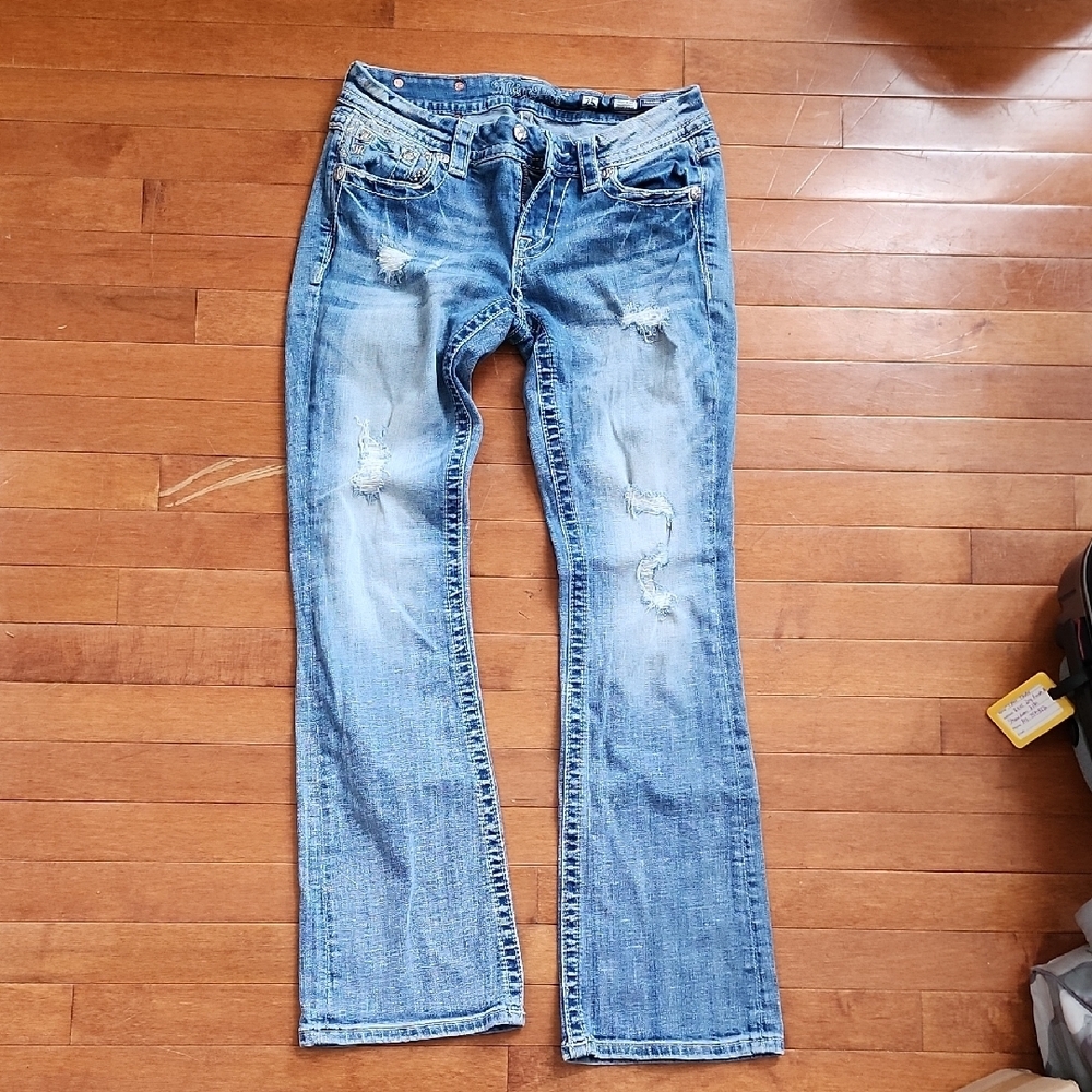 Miss Me Blue Boot Cut Jeans with Vintage Distressing